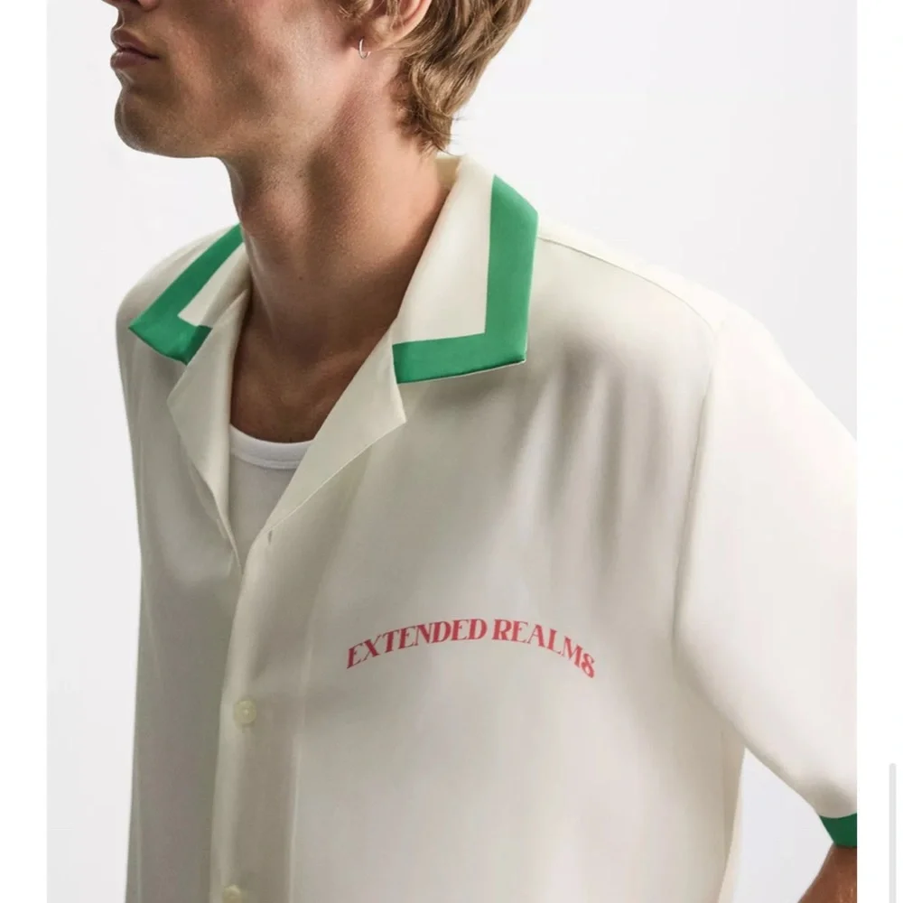 Satin shirt and shorts contrast stripe. Set- Size XL. Cream and Green color - Picture 9 of 13